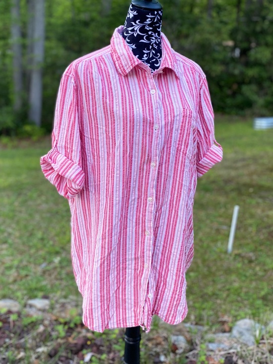 Woman Within Tops - Woman Within Pink & White Striped Button Up Oversized Shirt Size 1X